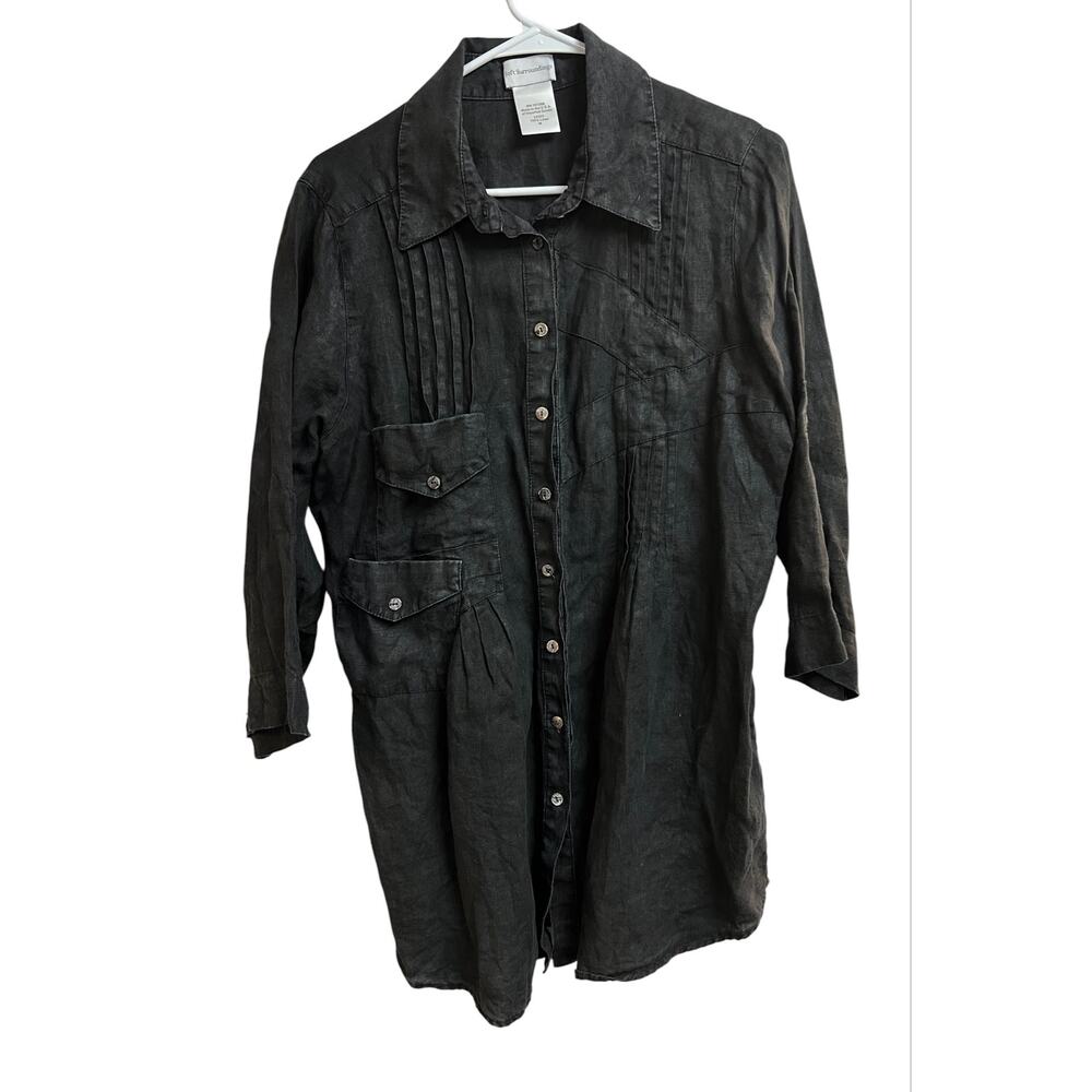 Soft Surroundings Black Washed Linen Button Up Shirt Pleated Medium - Picture 1 of 10